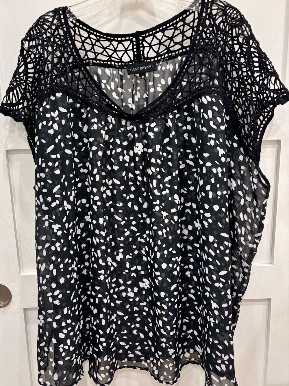 Lane Bryant Black & White Sheer Print Crochet Yoke Blouse